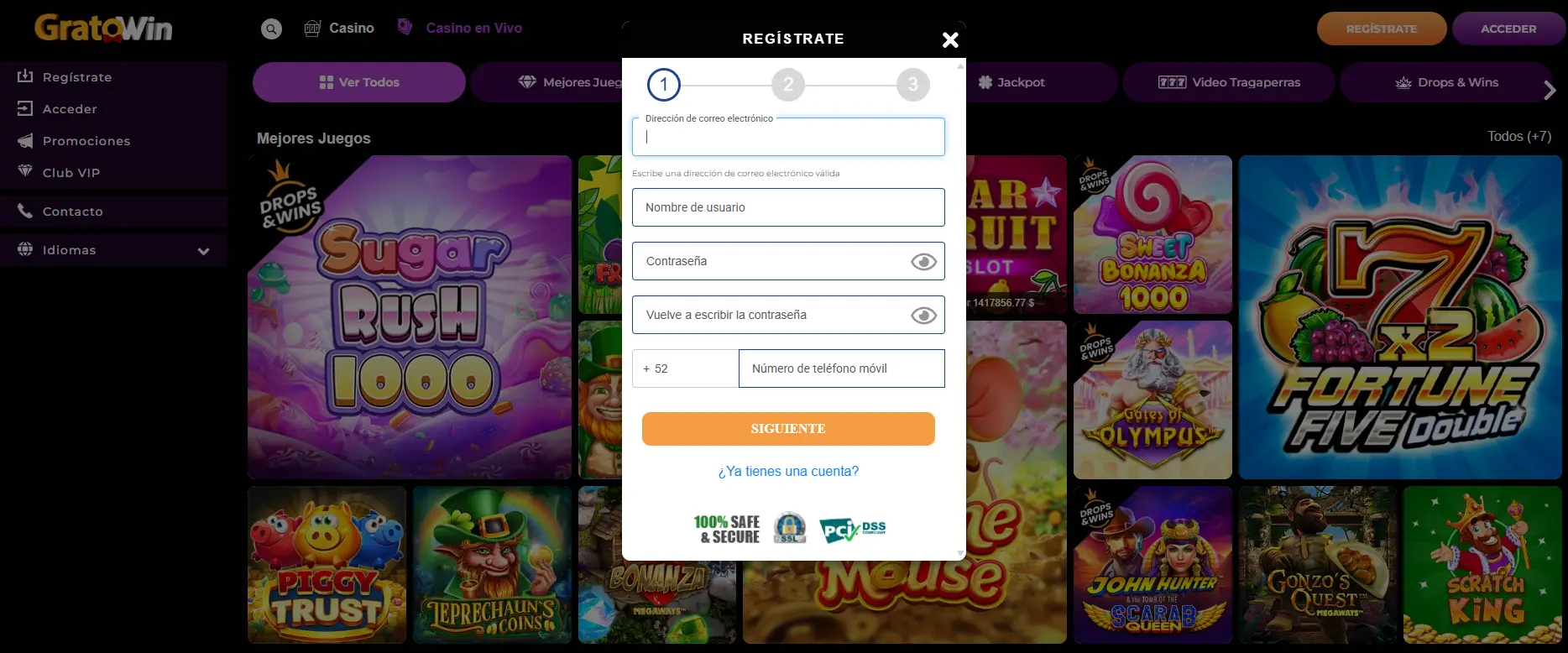 Registro e ingreso en GratoWin casino
